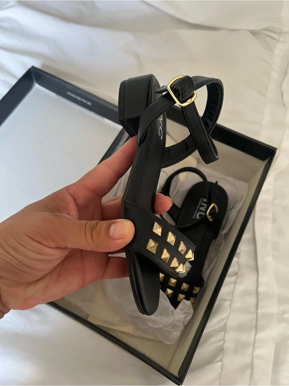 NYC Black Sandals with Gold Pyramid Studs